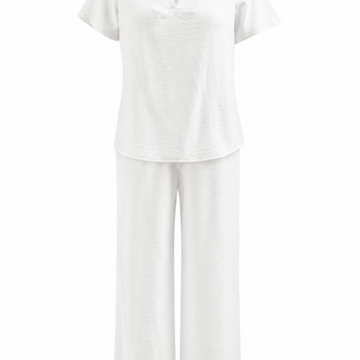 White V-Neck Cutout Shoulder Top and Wide-Leg Pants Set