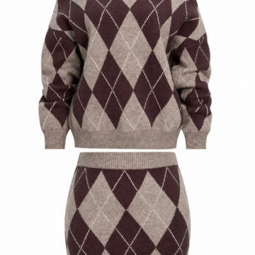 Taupe Argyle Off-Shoulder Sweater and Mini Skirt Knit Set