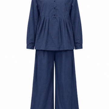 Navy Band Collar Button-Front Top and Wide-Leg Trousers Set