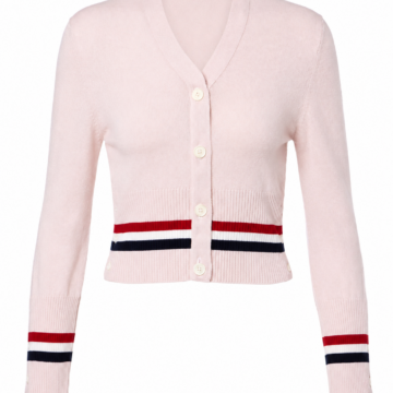 Pale Pink Cropped V-Neck Cardigan with Striped Trim