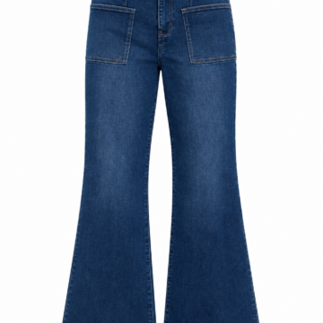 High-Rise Flared Jeans in Medium Blue with Front Patch Pockets