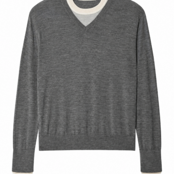 Heathered Grey V-Neck Pullover Sweater with Contrast Trim