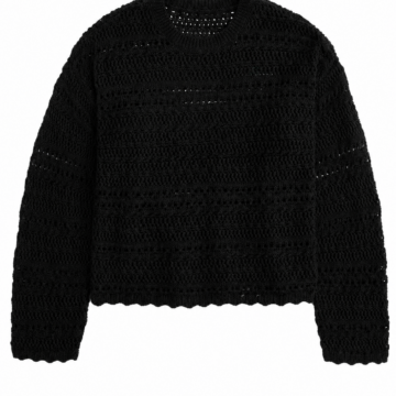 Black Cropped Pointelle Knit Sweater with Scalloped Edges