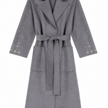 Grey Longline Wrap Coat with Studded Sleeves and Belt