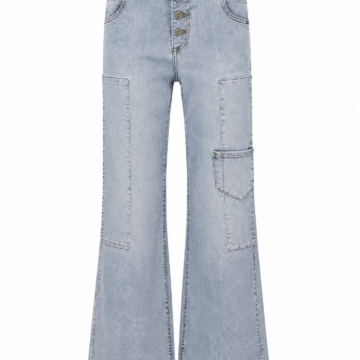 Light Blue High-Rise Flared Cargo Jeans with Frayed Hem