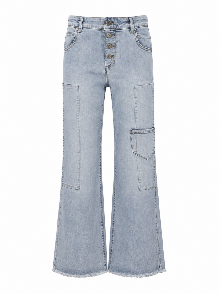 Light Blue High-Rise Flared Cargo Jeans with Frayed Hem