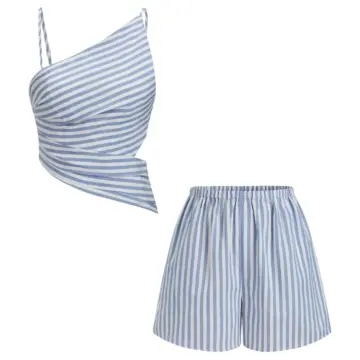 Blue and White Striped Ruched Crop Top and Shorts Set