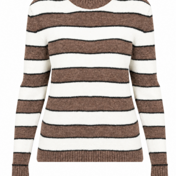 Brown and Off-White Striped Crew Neck Sweater with Ribbed Cuffs