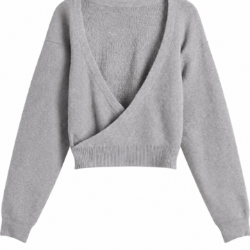 Heather Grey Cropped Wrap-Style Sweater with Drop Shoulders