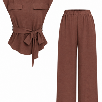 Brown Ribbed Two-Piece Set with Tie Waist Top and Wide-Leg Trousers