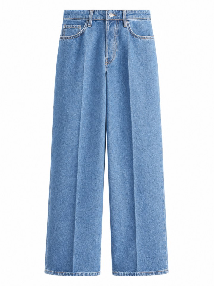Medium Wash Blue Wide-Leg High-Rise Jeans with Pressed Creases