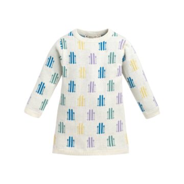 Cream Kids Knit Sweater Dress with Pastel Fence Pattern