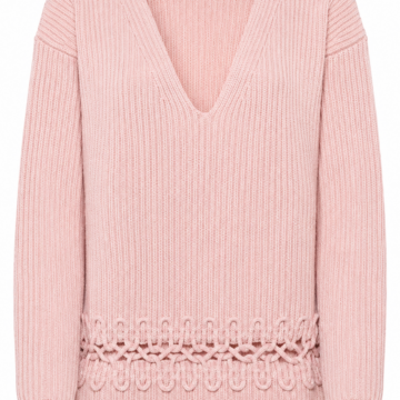 Light Pink Ribbed Knit V-Neck Sweater with Openwork Hem